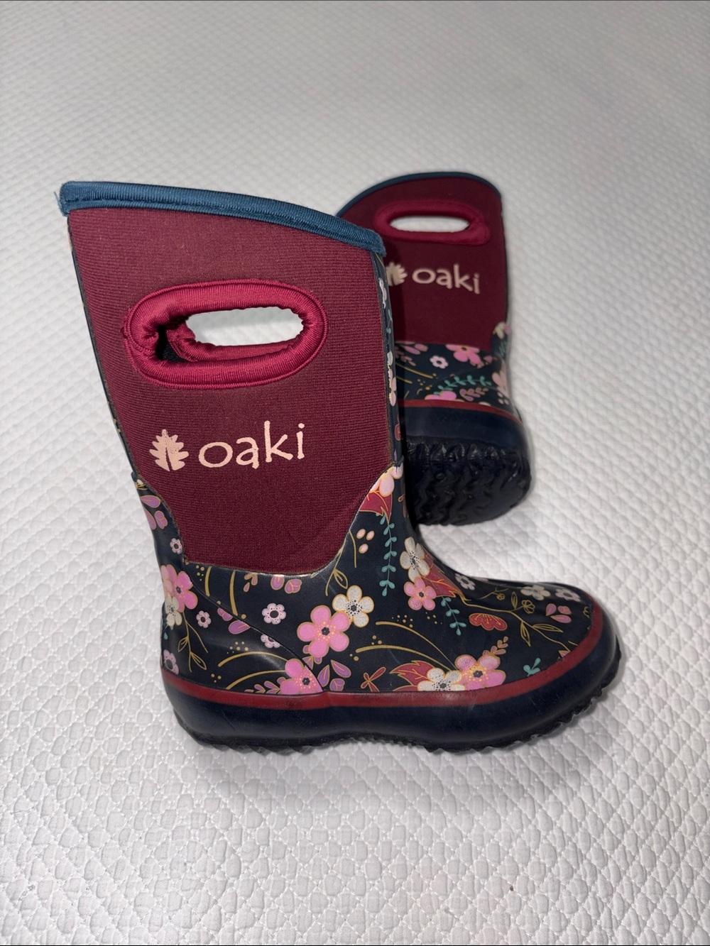 OAKI Kids Floral Waterproof Rain & Snow Boots in Burgundy and Navy